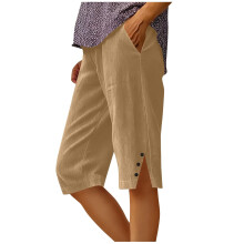 Pantaloni scurți casual de vară din in pentru femei Kukoosong, cu buzunare și fante laterale – Compatibili cu un stil de viață activ