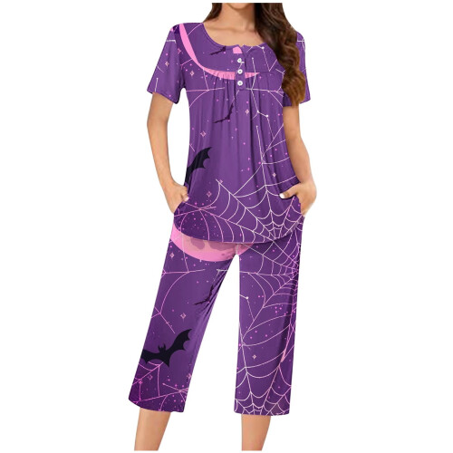 Set pigiama da donna girocollo per Halloween, maniche corte e capri