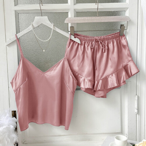 Dame silke satin pyjamassæt V-hals cami og flæser 2