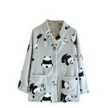 Damespyjama met lange mouwen, schattige print, flanellen vest en knoopjes - Dikke koraalfleece nachtkleding met dubbele zakken (M-XL)