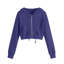 Geansaí le Hoodie Corcra agus Zipper do Mhná, Seaicéad Pullover Muinchille Fada le Sreangán Tarraingthe & Pócaí – Barr Sráide Scaoilte