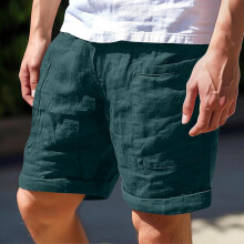 Pantalones cortos cargo casuales para hombre, mezcla de lino, color liso, cierre de botón y cremallera, múltiples bolsillos, largo hasta la