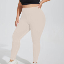 Női plus size jóga leggings, egyszínű edzőnadrág – barackszínű csípőmagasság, rugalmas és kompressziós szabás, minden sporttal