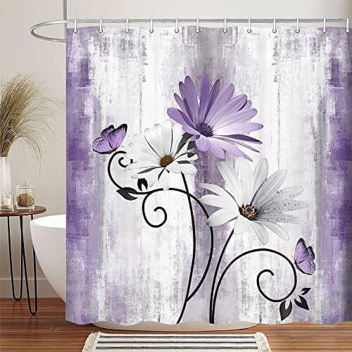Cortina de chuveiro floral com margaridas roxas, 178 x 178 cm (70 x 70 polegadas) 1
