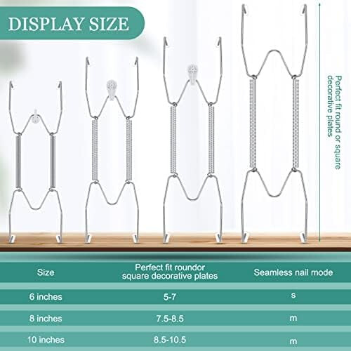 Conjunto de 12 suportes invisíveis para pratos em aço inoxidável com ganchos, suportes de parede resistentes (6/8/10 polegadas), cor prata. 1