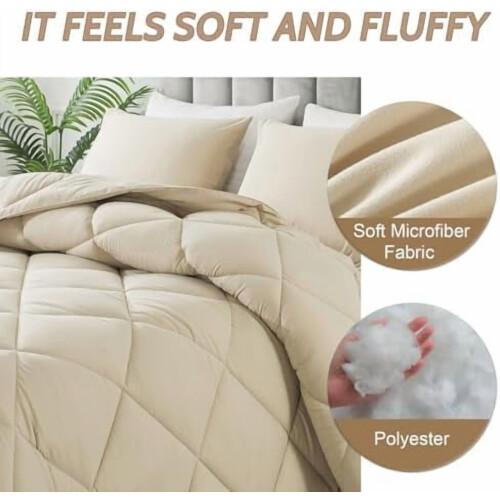 King Comforter Set Beige Quilted Down Alternative 3 Pieces 2