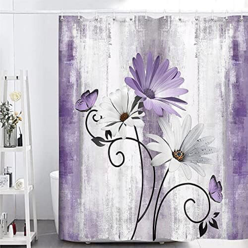 Cortina de chuveiro floral com margaridas roxas, 178 x 178 cm (70 x 70 polegadas) 2