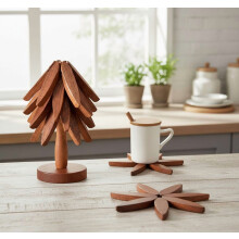 Ensemble de dessous de plat en bois de noyer noir en forme d'arbre – 4 dessous de plat + 1 support