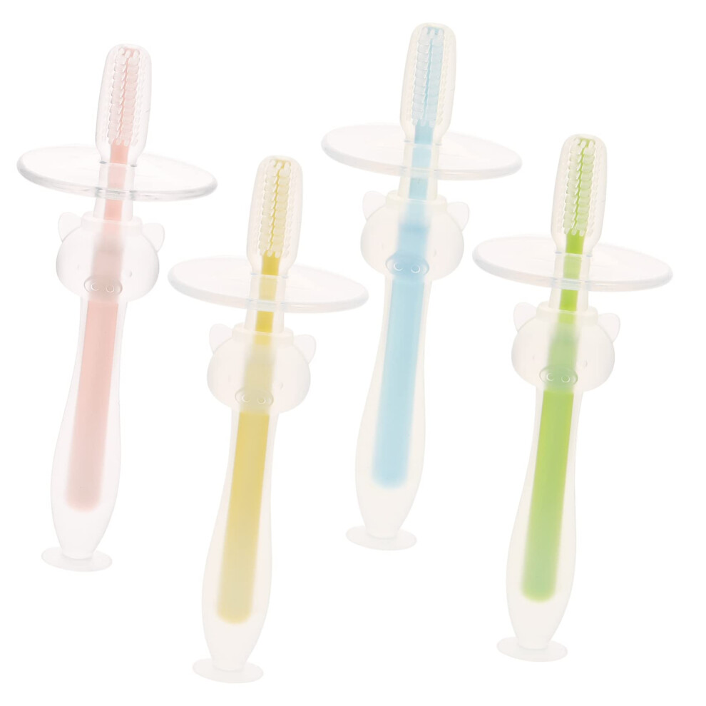 Baby Toothbrush with Soft Bristles and Suction Base, 4pcs Infant Oral Cleaner Set