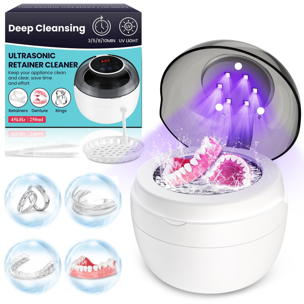 Ultrasonic Denture Cleaner with UV Sterilization, 45kHz Deep Cleaning for Retainers and Mouth Guards