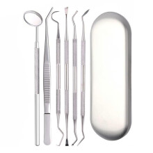 Dental Cleaning Kit 6 Piece Stainless Steel Teeth Plaque Remover Set with Mirror Tweezers Case