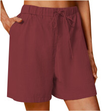 Shorts femininos de linho e algodão, casuais, com cintura ajustável por cordão, pernas largas e bolsos, tamanhos P a 5XG.