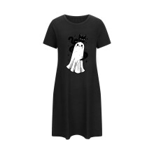 Női Plus Size Halloween Pizsama Hálóing Aranyos Szellemmintás Rövid Ujjú Kényelmes Pizsama 3XL-5XL Fekete