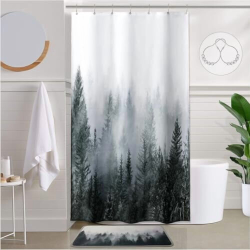 Perdea de duș Misty Forest 72x72in, poliester impermeabil