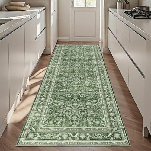 Vintage groene loper van 3x6 meter, wasbaar, antislip, imitatiewol