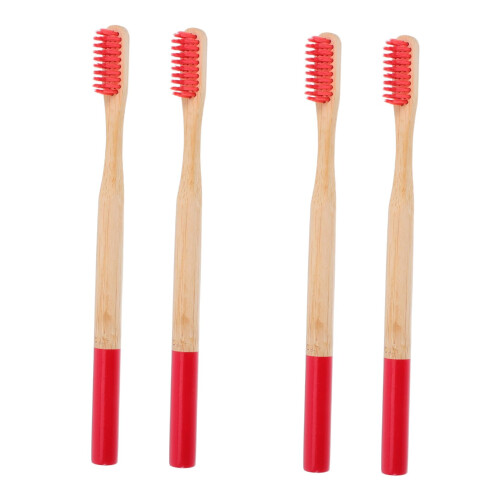 Bamboo Toothbrush with Soft Bristles, Ergonomic AntiSlip Grip, Biodegradable Handle, 4pcs Red