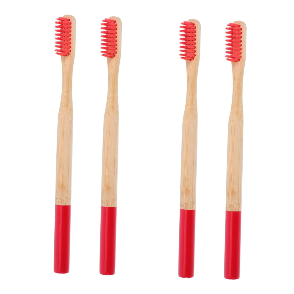 Red Bamboo Toothbrush With Soft Bristles, Ergonomic Antislip Grip, Biodegradable Handle, 4Pcs