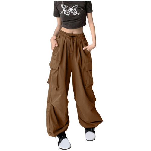 Γυναικείο παντελόνι lulshou Plus Size Cargo με τσέπες, μονόχρωμο, ψηλόμεσο, φαρδύ μπατζάκι, 1