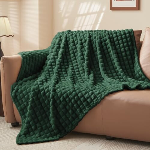 Κουβέρτα φλις 3D καρό Emerald Green, 50x60", εξαιρετικά απαλή και ζεστή, πολυτελής, 1