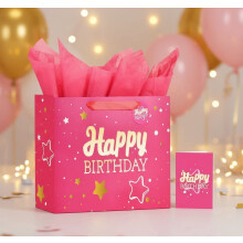 Sac cadeau rose « Joyeux anniversaire » de 33 cm avec papier de soie et carte – Taille moyenne, marquage à chaud (1 pièce), idéal pour les