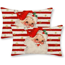 Fodere per cuscini natalizie 12x20, set da 2, in lino, con Babbo Natale rosso vintage e righe, decorazioni invernali in stile rustico, compatibili