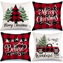 Weihnachtskissenbezüge 45 x 45 cm, 4er-Set, Weihnachtsbäume/LKW/Karomuster/Bauernhaus-Dekor, passend für Standardkissen