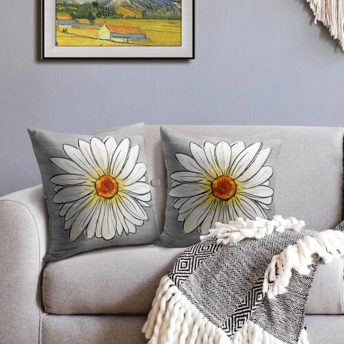 Μαξιλαροθήκες Spring Daisy 16x16, Σετ 2 τεμαχίων, Μαξιλαροθήκες από λινό σε γκρι χρώμα σε 2