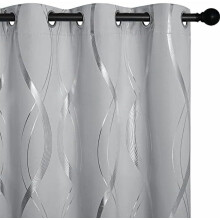 Kitchen Blackout Curtain Panels, Silver Grey, 42x48", Set of 2, Thermal Insulated, Grommet, Wave Line Foil Print, Compatible with Standard Rods
