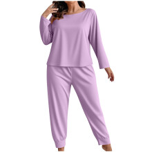 Plus Size Pyjamassæt til Kvinder, Langærmet, 2-delt Lounge Wear-sæt, Blødt og Behageligt Nattøj, Ensfarvet, Afslappet Pasform, Pyjamas til