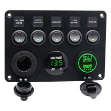 5-voudige 12V/24V inline zekeringkast met LED-schakelaar en dubbele USB-aansluiting voor auto, boot of vrachtwagen