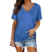 Camisetas de verano azules de tallas grandes, de manga corta y cuello en V, de algodón para mujer: suaves y de corte holgado, aptas para todo tipo