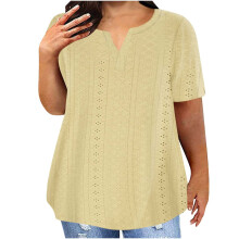 Blusa de verano de manga corta con cuello en V y escote calado para mujer de talla grande de Lulshou, color liso, estilo casual y holgado.