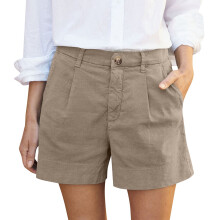 Afslappet bukser til kvinder, dameshorts, moderigtige kvinder ensfarvede sommer afslappede plisserede shorts med høj talje og lommeknaplukning khaki