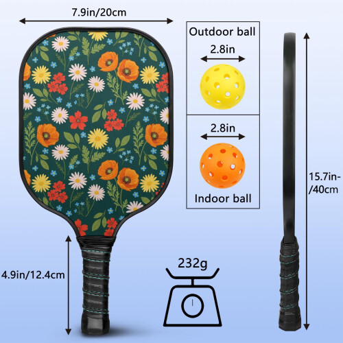 Σετ κουπιών Pickleball από fiberglass με λουλούδια, 2 τεμάχια και 2 μπάλες 2