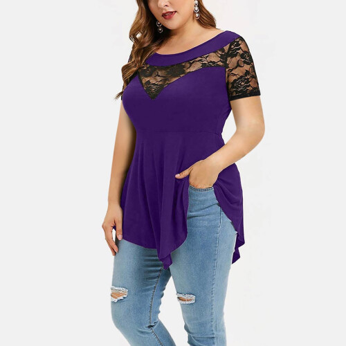 Γυναικεία Μπλούζα με Κοντά Μανίκια Lulshou Plus Size, Μονόχρωμη, Φλοράλ, Δαντέλα, 2