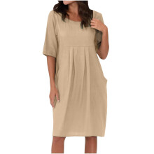 Kleider aus Baumwoll-Leinen in großen Größen für Damen, kurzärmeliges Sommerkleid in Midi-Länge mit Falten und Taschen