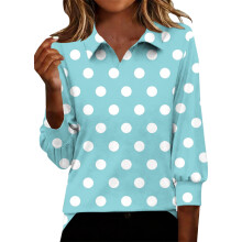 Damen-Top, lässiges bedrucktes V-Ausschnitt-Top mit schmalen 3/4-Ärmeln für den Herbst, gepunktete Bluse mit Reverskragen für Damen.