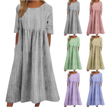 Robe longue d'été plissée à manches courtes et imprimé floral pour femme, col rond, poches