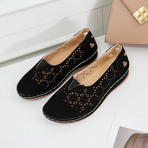 Γυναικεία Hollow Comfort Slip-on Δερμάτινα Μπαλαρίνες Flats Παπούτσια με Κούφιο Τακούνι 1