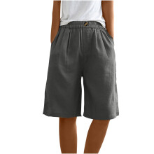 Shorts femininos curtos, modelo shorts, para o verão, com cintura elástica, botões, tecido de linho e bolsos. Tamanhos P a 3XG.
