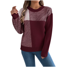 Suéter feminino de manga comprida com gola redonda e estampa xadrez em blocos de cores, tamanhos P a GG, macio, casual, quente e respirável.