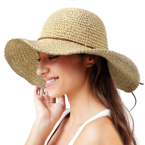 Γυναικείο καπέλο ηλίου Floppy Sun Summer Wide Brim Beach Cap Packable Cotton Straw Hat για ταξίδια 1