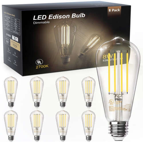 Λαμπτήρες LED Edison Ισοδύναμο 60W, Ρυθμιζόμενης φωτεινότητας, Θερμό λευκό 2700K, Βάση E26,