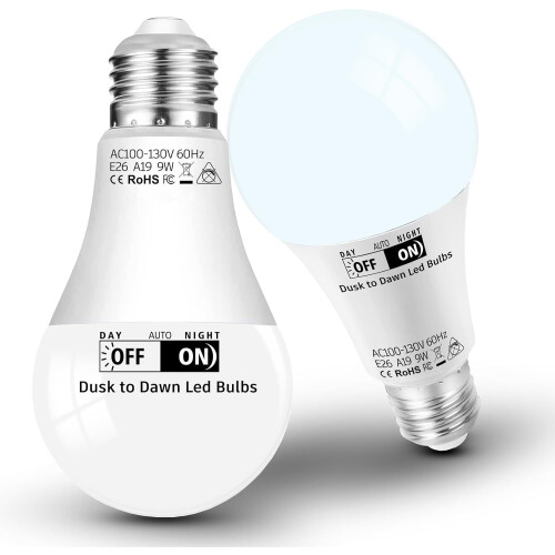 Lâmpadas LED externas JINYUN com sensor crepuscular, 9W, 6000K, 1000LM, E26A19, equivalente a 75W, sensor automático – compatíveis com 1