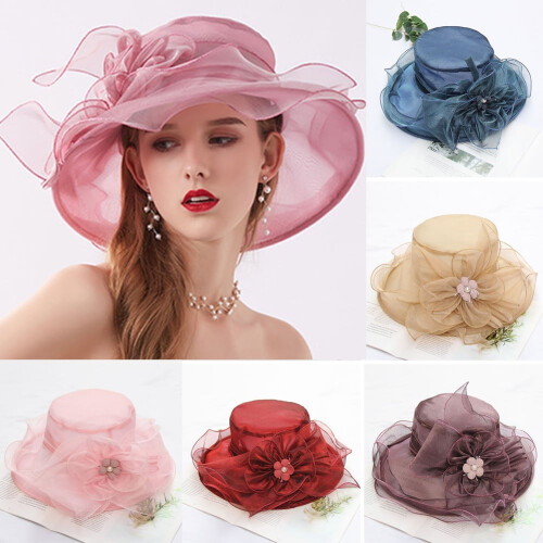 Γυναικείο καπέλο εκκλησίας Kentcky Derby με οργάντζα και λουλούδι με φαρδύ γείσο,