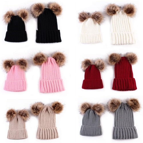 Καπέλο Beanie Γονέα-Παιδί, Πλεκτό Ζεστό Καπέλο Μητέρας-Μωρού Χειμώνας με Πον Πον, 2