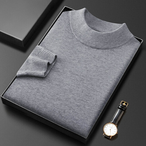 Herrmode Höghalsad tröja Höst Vinter Casual Enfärgad Termisk Varm Stickad Pullover Herrtröjor (Grå, M) 2