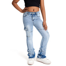 Cargo jeansbroek voor meisjes en jongens, stretch, slim fit, met knoopsluiting, denim, flared, broek met zakken, trendy kindercampingbroek,