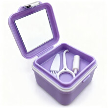 Denture Cleaning Case with Lid, Compact Orthodontic Retainer Box with Mirror for Travel Purple