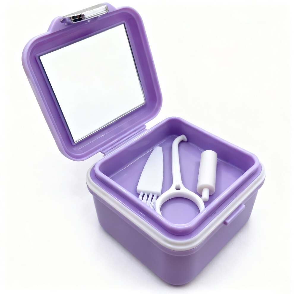 Purple Denture Cleaning Case With Lid, Compact Orthodontic Retainer Box With Mirror For Travel